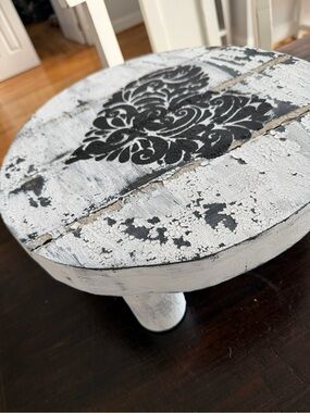Distressed White Wood Pedestal Stand with Black Damask Stencil
